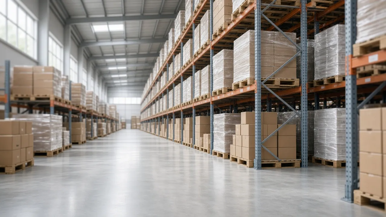 Almacén con racks y tarimas organizadas